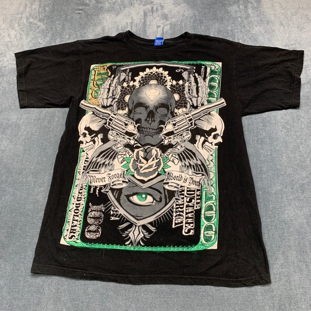 Y2K Metal Jeans T Shirt Mens 2XL Black Graphic Print Dollar Bill Skull Diamond